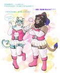 anthro blush bottomwear bulge clothed clothing crossdressing dandy_(pixiv) dress duo english_text felid garter_straps hi_res japanese_text lifewonders lion live_a_hero magical_girl_outfit male mammal muscular muscular_anthro one_eye_closed pantherine panties pecs rexer skirt text thick_thighs tiger toshu underwear wink