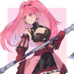  1girl black_dress border breasts cleavage closed_mouth commentary_request detached_sleeves dress eyelashes fire_emblem fire_emblem:_three_houses fire_emblem_warriors:_three_hopes gloves halberd hilda_valentine_goneril holding holding_polearm holding_weapon large_breasts long_hair luffa88k outside_border pink_background pink_dress pink_eyes pink_hair polearm puffy_sleeves red_gloves simple_background sleeveless sleeveless_dress smile solo twintails weapon white_border 