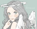  1girl angel angel_wings artist_name blue_eyes blush broken_halo commentary_request crying crying_with_eyes_open feathered_wings finger_to_mouth forehead from_behind grey_hair hair_over_shoulder halo hand_up highres karasane03 light_blue_background lips long_hair looking_at_viewer looking_to_the_side nose_blush original parted_hair pink_lips sad simple_background tears upper_body wavy_hair white_halo white_wings wings 
