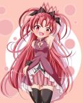 1girl :d arm_behind_head arm_up armpits black_thighhighs bow detached_sleeves fang hair_bow highres long_hair looking_at_viewer magical_girl mahou_shoujo_madoka_magica mahou_shoujo_madoka_magica_(anime) open_mouth ponytail red_eyes red_hair sakura_kyoko skirt smile solo soul_gem thighhighs yoppi98ro zettai_ryouiki 