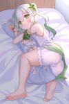  2girls ass barefoot bed bedroom bloomers blush character_pillow dakimakura_(object) dress feet genshin_impact gradient_hair green_eyes green_hair hair_ornament highres hugging_object indoors kneepits legs long_hair looking_at_viewer lumine_(genshin_impact) lying multicolored_hair multiple_girls nahida_(genshin_impact) on_side pillow pillow_hug short_dress side_ponytail sleeveless sleeveless_dress smile soles thighs toes white_bloomers white_dress white_hair yuetsu 