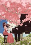  1girl absurdres brown_hair cherry_blossoms closed_eyes day dress flower highres instrument long_hair music original outdoors petals piano piano_bench pink_dress playing_instrument playing_piano qto_toto sitting solo tree 