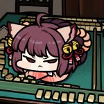  1girl :&lt; ahoge angry animal_ears bell brown_hair cat_ears cat_girl chibi closed_mouth commentary_request frown full_body hair_bell hair_ornament ichihime jazz_jack jingle_bell looking_at_viewer lowres mahjong mahjong_soul mahjong_table mahjong_tile medium_bangs short_hair solo table v-shaped_eyebrows 