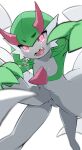  1girl arms_up backlighting blurry blush bob_cut colored_skin commentary_request demon_girl depth_of_field eye_trail fangs flat_chest gardevoir green_hair green_skin highres horns leaning_forward light_blush light_trail looking_at_viewer m3_(gardevoir_m3) multicolored_skin open_mouth pink_eyes pokemon pokemon_(creature) reaching reaching_towards_viewer red_horns short_hair simple_background slit_pupils solo teeth tongue translated two-tone_skin white_background white_skin 