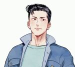 1boy black_eyes black_hair blue_jacket blue_shirt close-up closed_mouth halorane jacket male_focus mito_youhei open_clothes open_jacket shirt sideburns simple_background slam_dunk_(series) solo upper_body white_background 