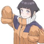  1girl black_hair blush borrowed_clothes closed_mouth commentary_request cosplay hyuuga_hinata jumpsuit long_sleeves looking_at_viewer naruto naruto_(series) orange_jumpsuit oversized_clothes ponnu_(skeb_boshuuchu) purple_eyes short_hair sleeves_past_fingers sleeves_past_wrists smile solo upper_body uzumaki_naruto uzumaki_naruto_(cosplay) white_background 