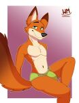 absurd_res anthro bulge canid canine clothed clothing colored digital_media_(artwork) disney fox fur hi_res line_art male mammal nick_wilde nude red_fox shaded simple_background smile solo tail underwear whippedmint zootopia