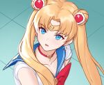  1girl bishoujo_senshi_sailor_moon blonde_hair blue_eyes blue_sailor_collar bow bowtie choker circlet commentary crescent crescent_earrings derivative_work double_bun earrings english_commentary from_side hair_ornament heart heart_choker jewelry looking_at_viewer magical_girl meme parted_lips red_bow red_bowtie red_choker sailor_collar sailor_moon sailor_moon_redraw_challenge_(meme) sanpaku screencap_redraw shirt siun solo tsukino_usagi twintails white_shirt 