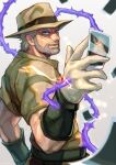  1boy beard between_fingers blue_eyes brown_headwear brown_pants brown_shirt commentary_request dio_brando dio_brando&#039;s_pose_(jojo) electricity facial_hair fedora florakinesis foreshortening from_side gloves grey_hair hat hermit_purple highres holding jojo_no_kimyou_na_bouken jojo_pose joseph_joestar joseph_joestar_(old) looking_at_viewer male_focus old old_man pants parted_lips photo_(object) shikabane_(draw_tadao14) shirt short_hair short_sleeves sideburns smile solo stand_(jojo) stardust_crusaders teeth upper_body v-shaped_eyebrows white_gloves wrinkled_skin 