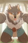 balls blue_eyes blush bodily_fluids breath canid canine canis erection genital_fluids genitals hi_res inno_sent male mammal ogami_aratsuka precum solo solo_focus tongue tongue_out vtuber wolf