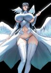  1girl angel_wings bare_shoulders black_background black_hair blue_eyes blue_hair blush breasts commentary contrapposto covered_nipples detached_sleeves dress eu03 frown hair_between_eyes halterneck huge_breasts long_hair looking_at_viewer magical_girl mahou_shoujo_(raita) multiple_wings narrow_waist navel no_bra pleated_dress sketch sleeves_past_wrists solo staff suzuhara_misae turtleneck unfinished very_long_hair weapon wings 
