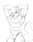 abs alexzandr_sokolov anthro biceps canid canine canis clothed clothing hair hands_behind_head hi_res long_hair looking_at_viewer male mammal mikeknight19 muscular muscular_male sketch smile smirk solo tail thigh_up thong underwear wolf
