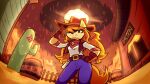 anthro barrel bell belt bottomwear breasts buckle cactus canid canine cave ceroba_(undertale_yellow) clothing cowboy_hat cowgirl_outfit denim denim_bottomwear denim_clothing female fluffy fluffy_tail fox gianluu1999 gloves gun hair hair_over_eye handwear happy hat headgear headwear jeans long_hair low-angle_view mammal one_eye_obstructed pants pear-shaped_figure plant ranged_weapon saloon scarf small_breasts smile solo tail topwear undertale_(series) undertale_yellow vest weapon wide_hips