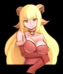  1girl animal_ears bell black_background blonde_hair breasts choker cleavage closed_mouth dress elbow_gloves gloves goat_ears highres horns jingle_bell long_hair looking_at_viewer neck_bell niseoto original red_choker red_dress red_gloves simple_background sleeveless sleeveless_dress smile solo spaghetti_strap strap_slip upper_body yellow_eyes 