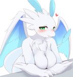 anthro ayatori big_breasts blush breasts dragon featureless_breasts female fur hi_res looking_at_viewer nude pal_(species) palworld quivern simple_background smile solo white_background white_body wings