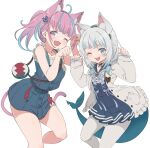  2girls ;d ahoge anchor_hair_ornament animal_ear_fluff animal_ears bag bangs blue_bow blue_dress blue_eyes blue_hair blue_hairband blue_nails blue_sailor_collar blue_skirt blush bow cat_ears cat_girl cat_tail commentary cosplay costume_switch dress eyebrows_visible_through_hair fake_animal_ears fang fish_tail frilled_jacket frills gawr_gura gawr_gura_(cosplay) hair_ornament hairband hands_up high-waist_skirt highres hololive hololive_english jacket long_hair long_sleeves looking_at_viewer minato_aqua minato_aqua_(cosplay) multicolored_hair multiple_girls nail_polish one_eye_closed open_clothes open_jacket open_mouth paw_pose pink_hair pleated_skirt purple_eyes sailor_collar shark_tail sharp_teeth shirt shoulder_bag side_ponytail skin_fang skirt sleeves_past_wrists smile streaked_hair tail teeth twitter_username vinhnyu virtual_youtuber white_jacket white_shirt 