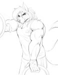 alexzandr_sokolov anthro biceps bottomwear canid canine canis clothing eye_markings gloves gym hair handwear hi_res long_hair looking_at_viewer male mammal markings mikeknight19 muscular muscular_arms muscular_male resting_arm shirt shorts sketch solo tail tank_top topwear weights wolf