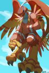 abs absurd_res akitoinusu anthro bandai_namco beak blonde_hair brown_body brown_feathers claws digimon digimon_(species) feathers feet garudamon hair hi_res male mask muscular muscular_anthro pecs solo talons toes wings