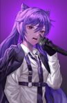  1girl bangs black_gloves breasts collared_shirt commentary_request double_bun genshin_impact gloves hair_cones highres holding holding_microphone jacket jacket_on_shoulders keqing_(genshin_impact) korean_commentary long_hair long_sleeves looking_at_viewer medium_breasts microphone necktie nugag open_mouth purple_background purple_eyes purple_hair purple_necktie shirt simple_background solo sweat twintails white_shirt 