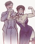  1boy 1girl black_lagoon blush brown_hair dress evening_gown flexing formal highres holster iahfy jacket long_hair meme okajima_rokuro ponytail revy_(black_lagoon) shoulder_tattoo suit suit_jacket tattoo thigh_holster 