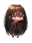  1girl black_dress black_gloves black_hair blush chibi commentary dress elbow_gloves flying_sweatdrops frilled_dress frills full_body gloves gradient_eyes harumina_mau long_hair looking_at_viewer multicolored_eyes original simple_background solo tareme very_long_hair white_background 