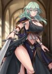  1girl absurdres armlet armor black_dress bracelet breasts byleth_(female)_(fire_emblem) byleth_(fire_emblem) cleavage commentary_request dancer_(three_houses) dress fire_emblem fire_emblem:_three_houses green_eyes green_hair hazuki_(nyorosuke) highres holding holding_sword holding_weapon indoors jewelry large_breasts long_hair looking_at_viewer shoulder_armor single-shoulder_dress smile solo standing sword thighs weapon 