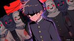  1boy black_hair black_jacket blunt_bangs bowl_cut gakuran highres jacket kageyama_shigeo long_sleeves looking_at_viewer male_focus mask mob_psycho_100 multiple_boys multiple_girls neckerchief pants parted_lips red_eyes sailor_collar school_uniform serafuku skirt solo_focus twitter_username upper_body zikko_100 