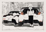  1boy 1girl breath building car city exhaust_pipe greyscale hands_in_pockets highres jacket jitome long_sleeves looking_at_viewer looking_down mazda_rx-7 mazda_rx-7_fd monochrome motor_vehicle nasu_(056a083b) original pants parted_lips red_theme scarf shoes short_hair sneakers spoiler_(automobile) sports_car spot_color squatting tail_lights toyota_gr_yaris utility_pole vehicle_focus wheel wire 