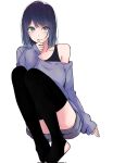  1girl black_tank_top black_thighhighs blue_eyes blue_hair blue_shorts blue_sweater closed_mouth collarbone commentary english_commentary full_body hair_in_own_mouth highres knees_up kurokawa_akane looking_at_viewer loose_hair_strand medium_hair nara_(menosora) oshi_no_ko shorts simple_background single_bare_shoulder single_off_shoulder sitting sleeves_past_elbows solo stirrup_legwear sweater tank_top thighhighs toeless_legwear white_background 