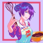  1girl apron bakemonogatari baking blue_eyes bowl braid chocolate chocolate_making commentary_request crab english_text frilled_shirt_collar frills hand_up heart holding holding_bowl holding_whisk lips long_sleeves monogatari_(series) parted_lips pink_background purple_hair rapa_rachi red_shirt senjougahara_hitagi shirt short_ponytail simple_background smile solo upper_body whisk 