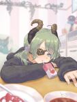  1girl ahoge black_hoodie blue_eyes blurry blurry_background blurry_foreground blush brown_horns character_doll commentary_request couch curled_horns curry eyepatch food fork fruit green_hair highres hood hood_down hoodie horns indoors juice_box long_sleeves looking_at_viewer low_twintails medium_bangs medium_hair mirror nanashi_inc. open_mouth pingu pingu_(series) pink_nails plant plate sekishiro_mico solo strawberry table twintails upper_body vines virtual_youtuber yunagi_teguru 