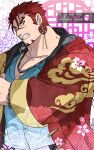 1boy akashi_(live_a_hero) alternate_costume bara earrings facial_hair frown fujishima_kazuya goatee head_tilt highres jewelry large_pectorals live_a_hero long_sideburns looking_at_viewer loose_hair_strand male_focus muscular muscular_male new_year pectoral_cleavage pectorals red_eyes red_hair scar scar_on_face scar_on_nose short_hair sideburns solo thick_eyebrows upper_body 