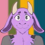 anthro bovid caprine cheek_tuft chest_tuft chin_tuft clothing facial_tuft fizzy_thornsage floppy_ears fur goat grey_eyes hi_res horn icon inner_ear_fluff looking_at_viewer male mammal portrait purple_body purple_fur signature simple_background smile solo topwear tuft v-neck winterfloof