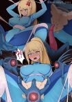  1girl anus bestiality blonde_hair blue_bodysuit blush bodysuit bound bound_wrists breasts bug character_request clenched_teeth everyday2 gangbang group_sex highres large_breasts metroid monster navel open_mouth ponytail pussy rape restrained samus_aran spread_legs stomach_bulge tears teeth torn_bodysuit torn_clothes 