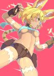  1girl \m/ absurdres animal_ears bare_shoulders belt belt_pouch black_choker black_gloves black_leggings blonde_hair blue_shirt blush breasts brown_belt cat_ears cat_tail choker commentary cosplay cowboy_shot crop_top detached_leggings extra_ears fingerless_gloves fingernails gloves gradient_background hair_between_eyes highres kemono_friends large_breasts leggings looking_at_viewer ms._fortune_(skullgirls) ms._fortune_(skullgirls)_(cosplay) open_mouth osnmykk pink_background pink_nails pouch red_background scar serval_(kemono_friends) sharp_fingernails shirt short_hair short_shorts shorts simple_background skindentation skullgirls sleeveless sleeveless_shirt slit_pupils solo tail underboob v-shaped_eyebrows yellow_eyes 