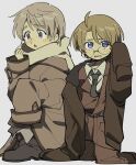  2boys aged_down ahoge america_(hetalia) axis_powers_hetalia black_necktie blue_eyes blush boots brown_hair coat collared_shirt glasses grey_background grey_hair jacket long_sleeves male_focus multiple_boys necktie open_mouth oversized_clothes pants purple_eyes russia_(hetalia) sameyama_jiro scarf shirt simple_background sweat 