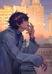  1boy building cigarette city cityscape eyelashes glasses gloves gloves_removed highres labcoat leaning_on_rail leos_vincent looking_away madota_yuki male_focus mameneko_(leos_vincent) mascot necktie nijisanji outdoors profile purple_necktie railing shiny shiny_hair signature sky smoking solo sunset virtual_youtuber wavy_hair 