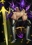  1boy abs armor armored_boots bara boots cuffs demon_boy enternal_evolution gold handcuffs helmet knight looking_at_viewer muscular muscular_male pectorals purple_eyes rainsparkz samael_(enternal_evolution) shoulder_armor sitting spikes sword throne topless_male weapon 