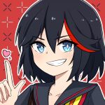  1girl black_hair black_sailor_collar black_shirt blue_eyes blush collarbone commentary_request grin hair_between_eyes hand_up heart highres index_finger_raised kill_la_kill looking_at_viewer matoi_ryuuko multicolored_hair outline red_background red_hair rock_zinc sailor_collar shirt smile solo streaked_hair upper_body white_outline 