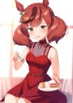  1girl :d absurdres animal_ears bad_id bad_pixiv_id bangs bare_arms bare_shoulders blurry blurry_background blush breasts brown_eyes brown_hair cake cake_slice commentary_request covered_collarbone curtains depth_of_field dress eyebrows_visible_through_hair food fork highres hirota_fruit holding holding_fork holding_plate horse_ears looking_at_viewer multicolored_hair nice_nature_(umamusume) open_mouth plate red_dress sitting sleeveless sleeveless_dress small_breasts smile solo streaked_hair transparent twintails umamusume window 