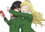  2girls black_hair blonde_hair blush brown_scarf carol_olston closed_eyes green_shirt gundou_misuzu headband highres holding holding_phone hug hug_from_behind long_hair long_sleeves medium_hair multiple_girls necktie phone qto_toto scarf school_uniform shirt striped_necktie tomo-chan_wa_onna_no_ko white_scarf 