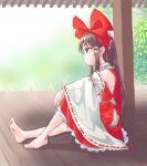  1girl armrest bare_shoulders barefoot bloom bow brown_eyes brown_hair closed_mouth commentary_request detached_sleeves dress expressionless frilled_shirt_collar frills from_side full_body hair_behind_ear hair_bow hair_tubes hakurei_reimu knee_up long_hair long_sleeves looking_ahead profile red_bow red_dress red_eyes ribbon-trimmed_sleeves ribbon_trim s-a-murai sitting solo touhou very_long_hair wide_sleeves 