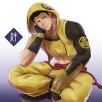  1boy abs armor black_gloves black_hair chest_armor closed_mouth gloves hood hood_up jigoku_meguri male_focus muscular muscular_male navel open_clothes pants sengoku_basara short_hair smile solo tokugawa_ieyasu_(sengoku_basara) translation_request yellow_pants 