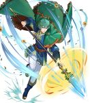  1boy aqua_eyes aqua_hair attack blue_footwear blue_tunic boots cape clenched_teeth ephraim_(fire_emblem) ephraim_(valentine)_(fire_emblem) fire_emblem fire_emblem:_the_sacred_stones fire_emblem_heroes flower green_cape highres holding holding_polearm holding_weapon laurel_crown multicolored_cape multicolored_clothes non-web_source official_alternate_costume official_art pants petals polearm red_cape short_hair solo teeth tunic weapon white_pants 