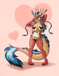 &lt;3 2024 4_toes anthro antlers arm_markings artist_name big_breasts bikini biped blue_body blue_fur breasts cheek_tuft claws clothed clothing countershade_face countershade_tail countershade_torso countershading cute_fangs digital_drawing_(artwork) digital_media_(artwork) dragon ear_tuft eyebrows eyelashes facial_tuft feet female firebrand_(decalion) front_view fur furred_dragon green_eyes hair hands_behind_head heart_background horn leg_markings long_hair long_tail long_whiskers looking_at_viewer markings multicolored_body multicolored_fur multicolored_hair multicolored_pubes multicolored_scales narrowed_eyes nicnak044 pink_background pinup plantigrade pose pubes raised_eyebrow red_body red_scales scales scalie shaded shoulder_markings signature simple_background skimpy skimpy_bikini smile smiling_at_viewer snout soft_shading solo standing swimwear tail tail_tuft thick_tail thigh_markings tiptoes toe_claws toes tuft watermark whiskers white_body white_fur wingless_dragon yellow_body yellow_scales