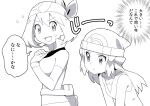  2girls bandana commentary_request dawn_(pokemon) fingerless_gloves frown gloves greyscale hat may_(pokemon) monochrome multiple_girls natsunagi_takaki open_mouth pokemon pokemon_(game) pokemon_dppt pokemon_rse pouch smile sweat translation_request 