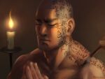  1boy alternate_hairstyle bald bara beard bodypaint candle chest_hair closed_mouth facial_hair golden_kamuy long_sideburns male_focus mature_male muscular muscular_male nopinzo nude own_hands_together palms_together praying scar scar_on_cheek scar_on_face short_hair sideburns solo_focus tanigaki_genjirou thick_eyebrows translation_request upper_body 