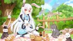  animal animal_ears boots candy_hair_ornament cat chinese_commentary commission food-themed_hair_ornament full_body hair_between_eyes hair_ornament highres hood hooded_jacket jacket long_hair original outdoors picnic picnic_basket picnic_blanket rabbit rabbit_ears rabbit_girl red_eyes smile thighhighs very_long_hair white_hair white_thighhighs yottacc 