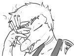 2024 5_fingers anthro black_and_white cigarette clothing dinosaur dromaeosaurid eyes_closed fingers goodbye_volcano_high hair hi_res jacket_ignites male monochrome reed_(gvh) reptile scalie shirt short_hair sketch smoking smoking_cigarette snout solo tank_top theropod topwear velociraptor