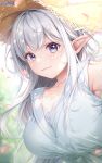  1girl armpits blurry breasts closed_mouth collarbone dappled_sunlight day depth_of_field dress elf eyelashes grey_hair hat highres hozumi_kaoru large_breasts long_hair looking_at_viewer mariabelle_(elf-san) nihon_e_youkoso_elf-san. petals pointy_ears purple_eyes sleeveless sleeveless_dress smile solo straw_hat sun_hat sunlight upper_body white_dress 